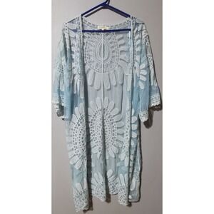 Rebellion Again Blue White Lace Kimono Cardigan Duster Bohemian Mesh Wrap Medium